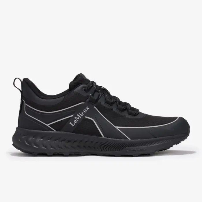 Black running shoe with brand logo on a white background