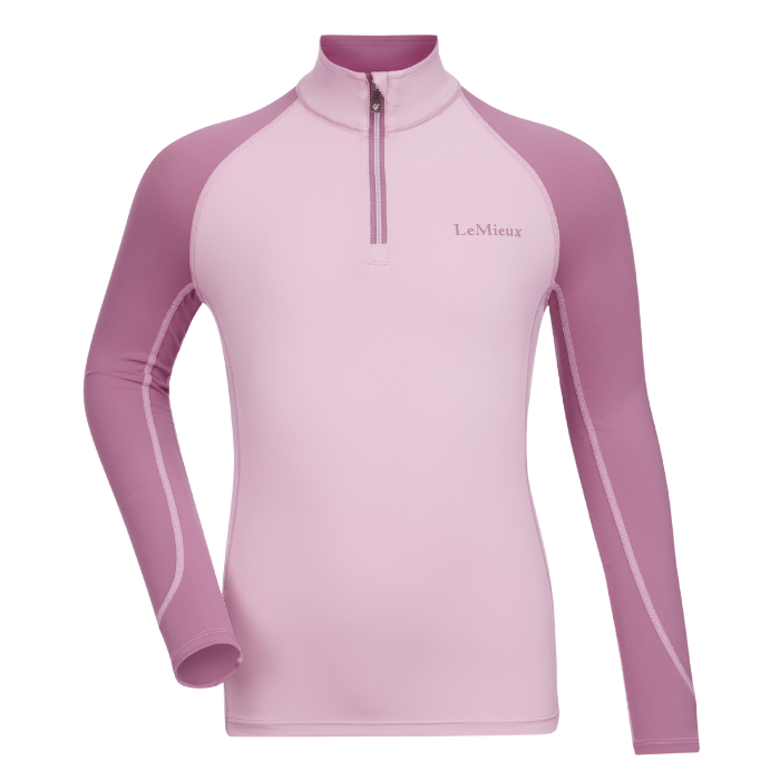 Pink long-sleeve top with a quarter zip on a white background