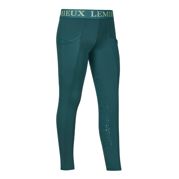 Teal leggings with brand logo on a white background