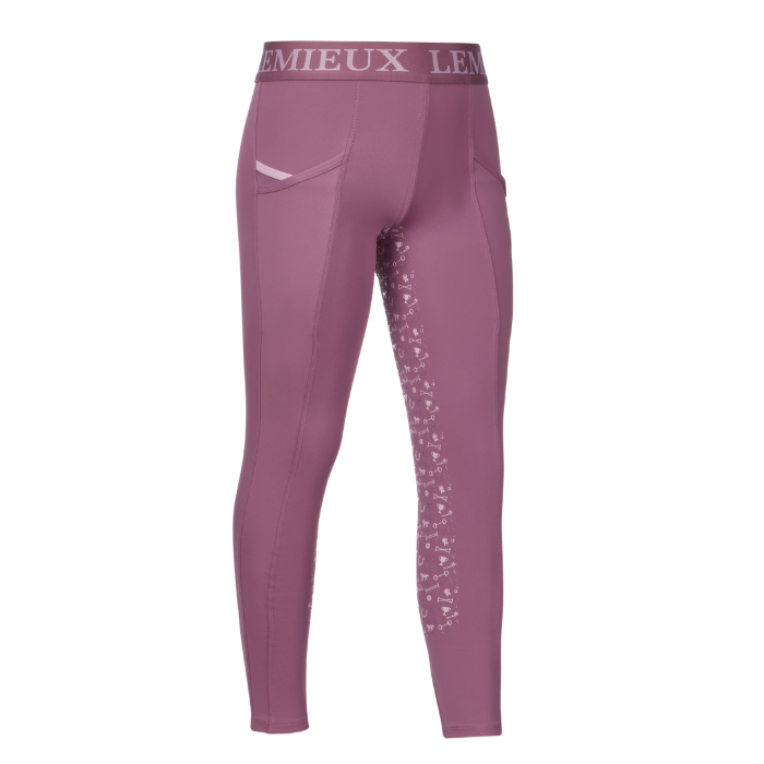 Pink leggings with decorative side panel on a white background