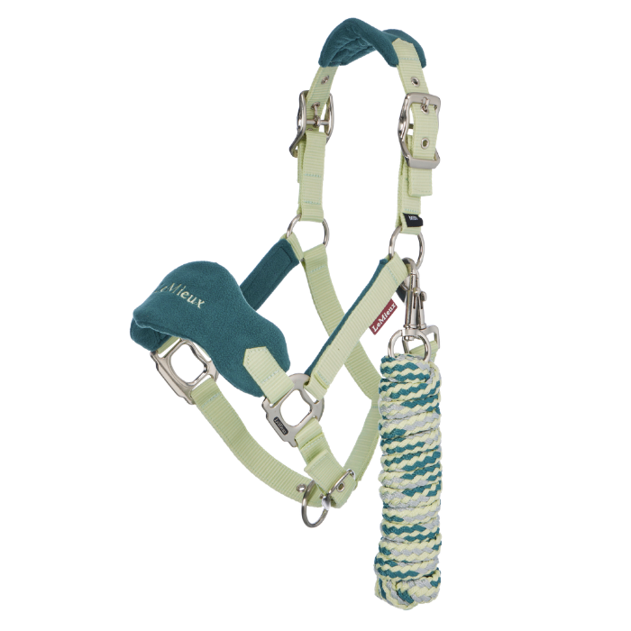 Yellow pony headcollar with teal fleece nose strap and matching lead rope on a white background