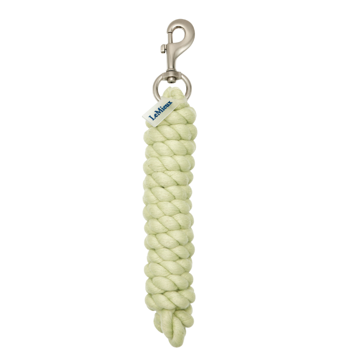 Light yellow horse rope with a metal clip on a white background