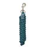 Teal horse rope with a metal clip on a white background