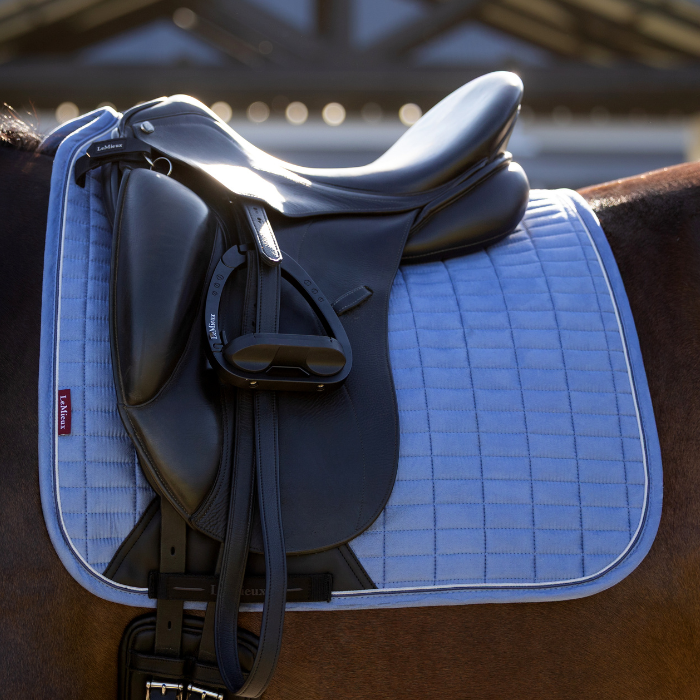 Saddle on a horse with a blue saddle pad, blurred background