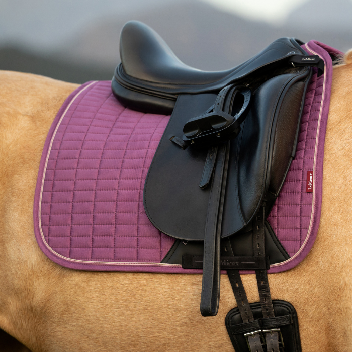 Black saddle on a horse with a pink saddle pad against a blurred natural background