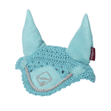 Blue ear bonnet with decorative elements on a white background