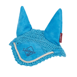 Blue knitted ear bonnet with brand logo on a white background