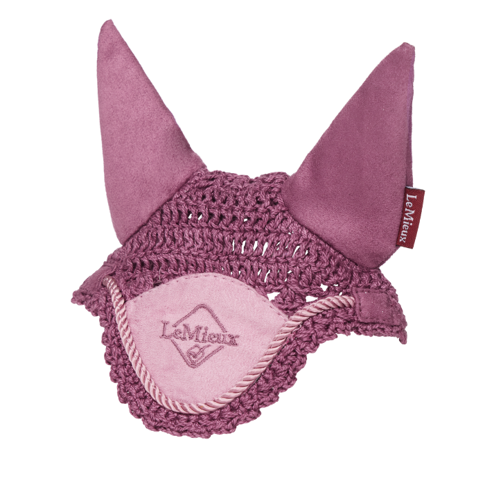 Fly bonnet for a toy horse in pink on a white background