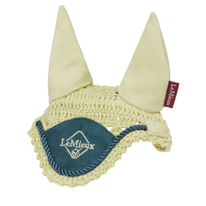 Fly bonnet for a toy horse in yellow on a white background