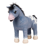 Grey plush toy pony with white speckled hind on a white background