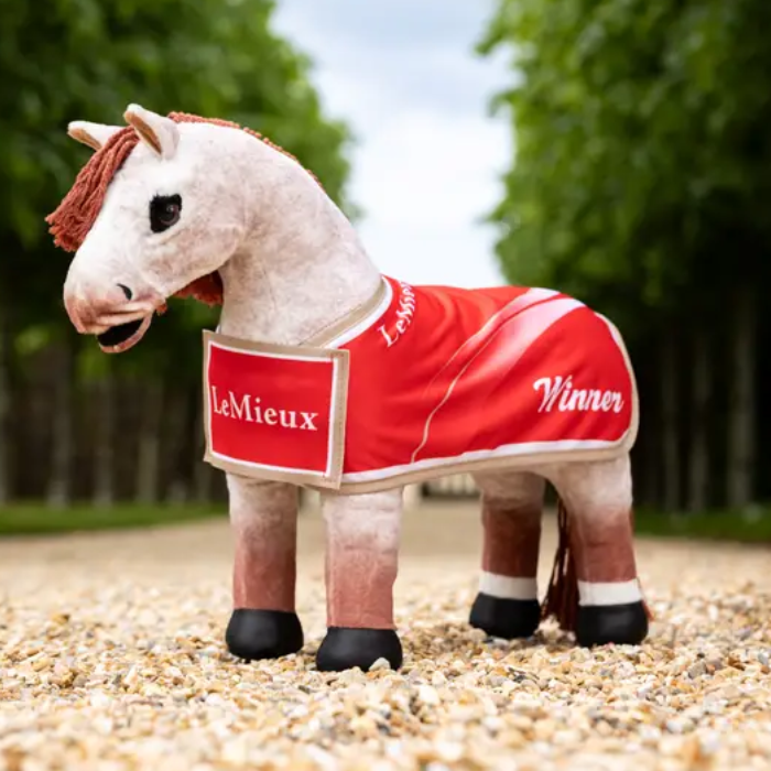 Toy pony wears a red rug with LeMieux and Winner detailing against an outdoor setting 