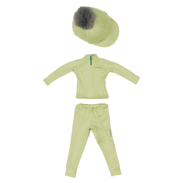 Light green dolls outfit with a hat on a white background