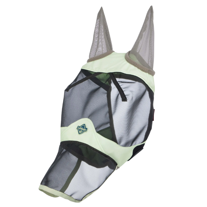 Yellow horse fly mask with black mesh on a white background