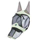 Yellow horse fly mask with black mesh on a white background