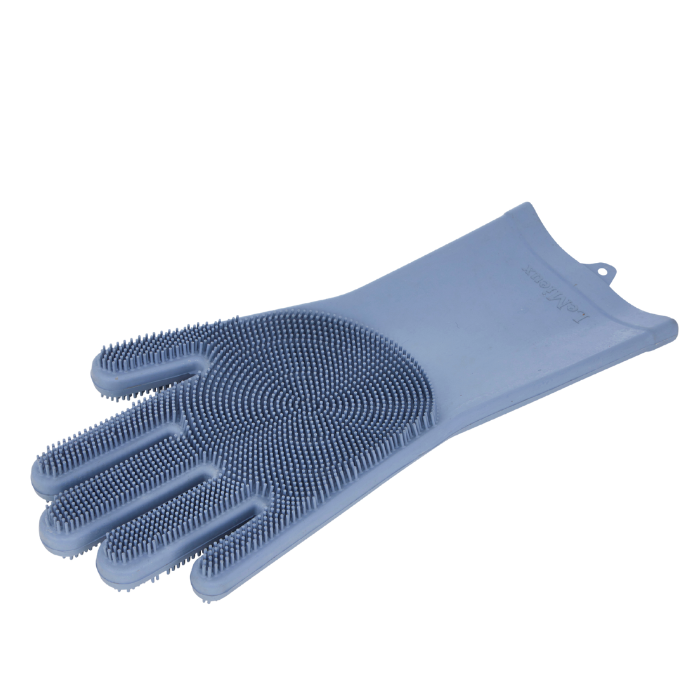 Blue silicone cleaning glove on a white background