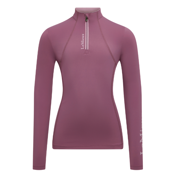 Pink long-sleeve athletic top with a quarter zip on a white background