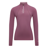 Pink long-sleeve athletic top with a quarter zip on a white background