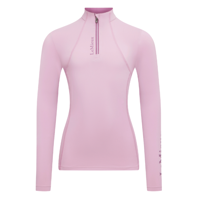Pink long-sleeve top with a quarter zip on a white background
