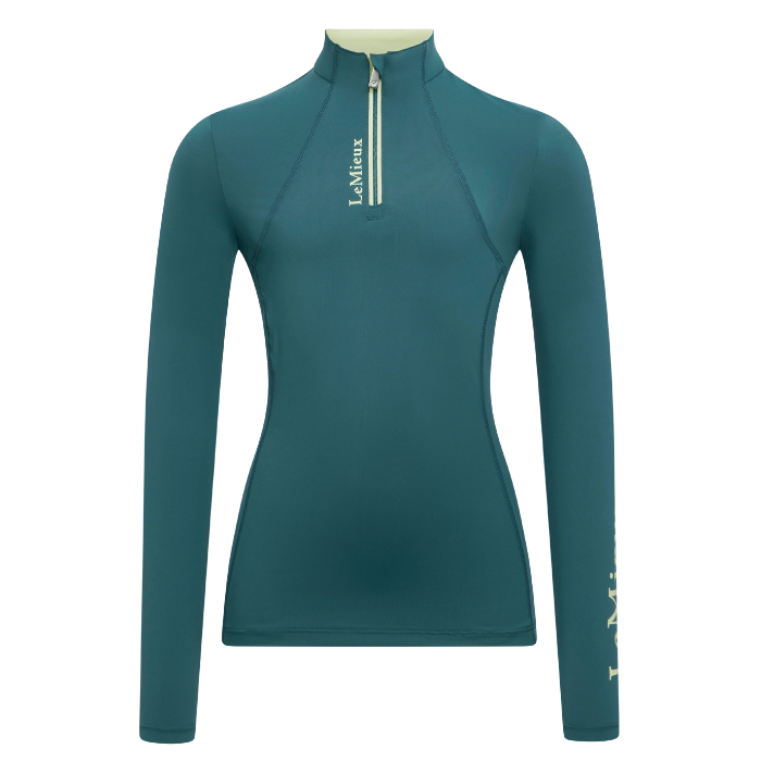 Teal long-sleeve top with a quarter zip on a white background