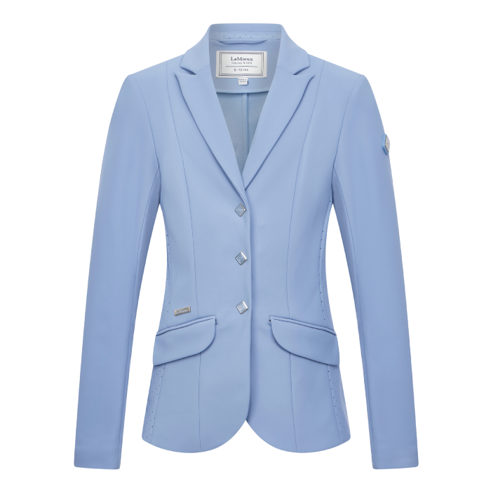 Light powdery blue smart jacket with a white background