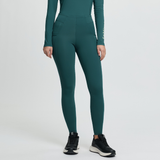Teal athletic outfit with long-sleeve top and leggings on a white background
