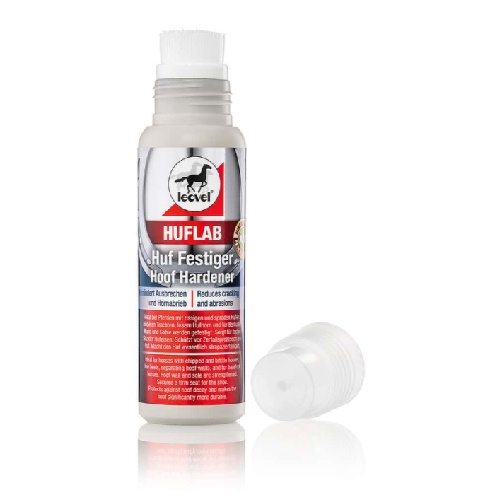 Bottle of Horse hoof care product with red label on white background with lid