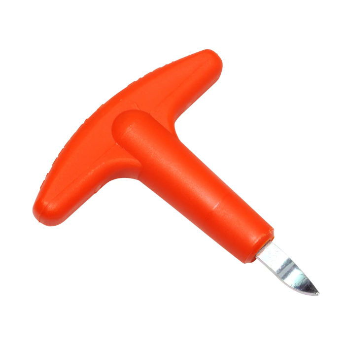 Orange plastic tool with a metal blade on a white background