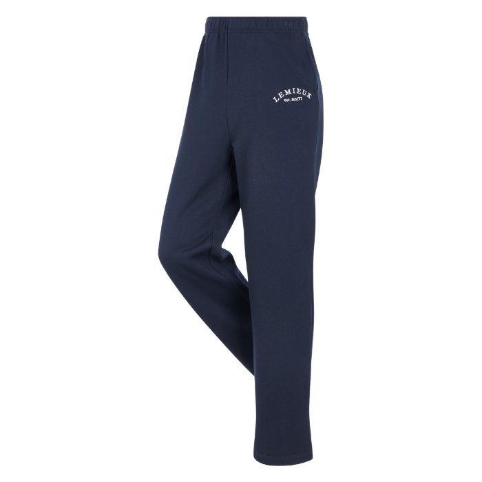 LeMieux AW26 Luna Jogger Variant Colour Navy.
Navy blue sweatpants with a white 'LeMieux' logo printed on the upper left thigh, shown against a plain white background.