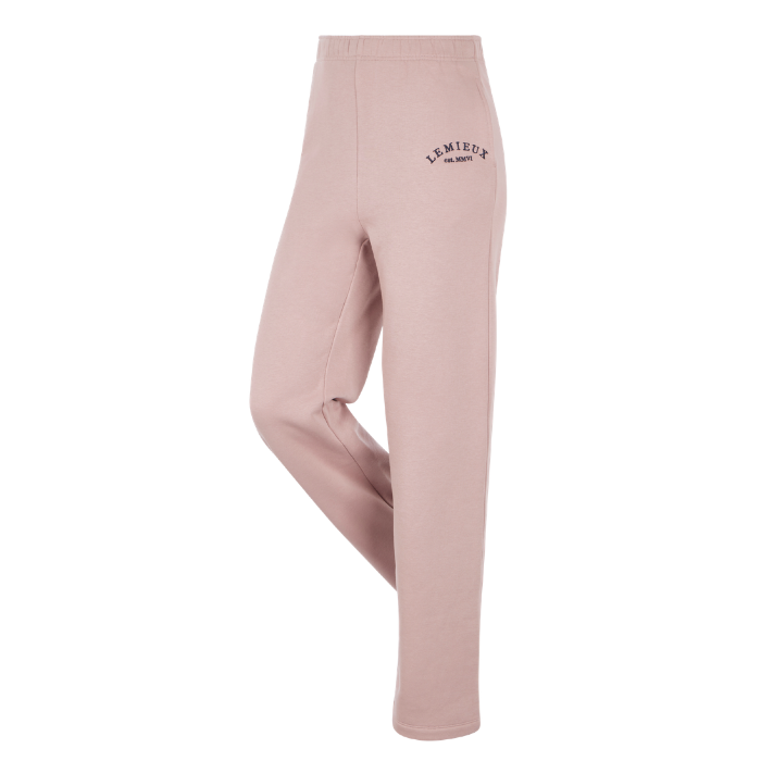 LeMieux AW26 Luna Jogger Variant Colour Wild Rose
A pair of dusty pink sweatpants with a small navy blue 'Le Mieux' logo printed on the upper left thigh, shown against a plain white background.