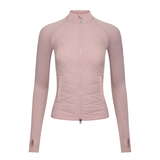 LeMieux AW26 Maddie Hybrid Jacket Varient Wild Rose. A light pink long-sleeve zip-up jacket with a mock neck and quilted chest panel, shown on a plain white background.