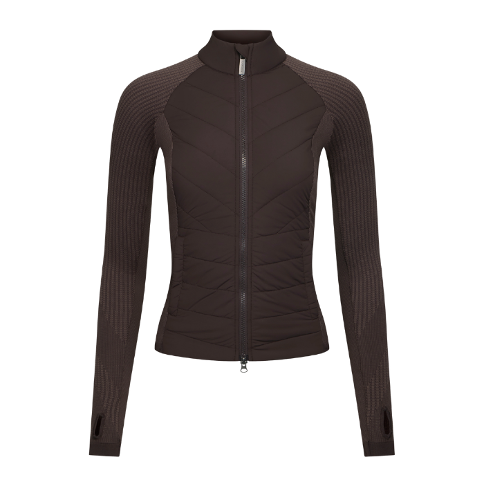 LeMieux AW26 Maddie Hybrid Jacket Varient Cocoa. A dark brown long-sleeve athletic jacket with a full zip front, stand-up collar, and ribbed knit sleeves, shown on a plain white background.