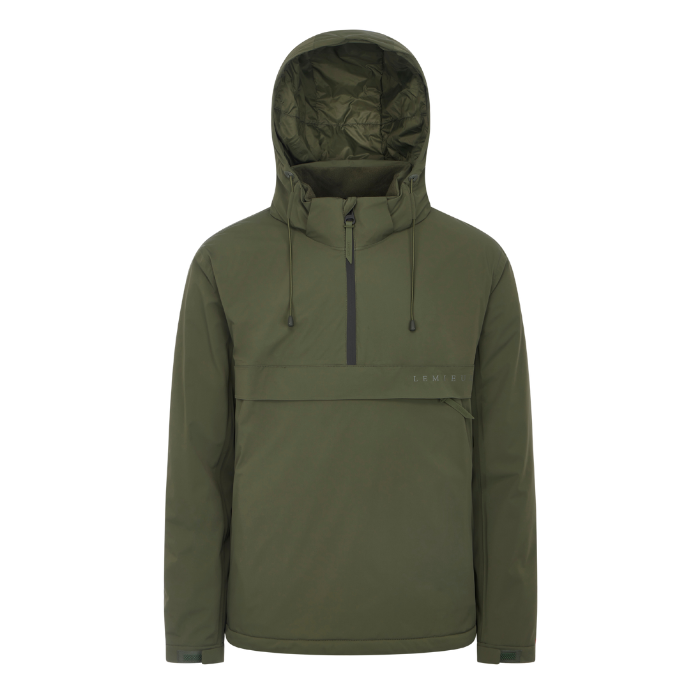 LeMieux AW26 Mens Waterproof Anorak Varient Olive. An olive green hooded anorak jacket with a half-zip front, drawstrings, and a small white 'LeMieux' logo on the chest, shown against a plain white background.