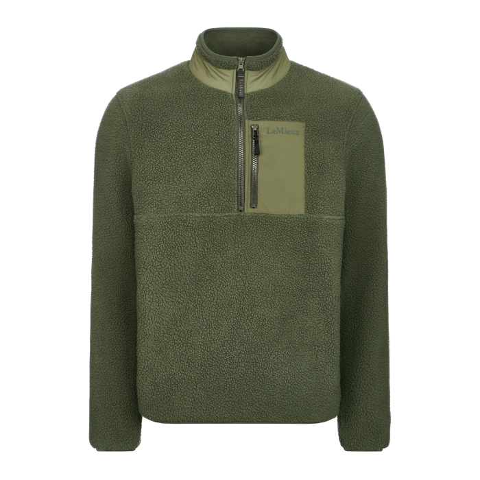 LeMieux AW26 Mens Borg Half Zip Sweat Varient Olive. An olive green fleece pullover jacket with a quarter-zip collar and a vertical zippered chest pocket featuring the LeMieux brand name.