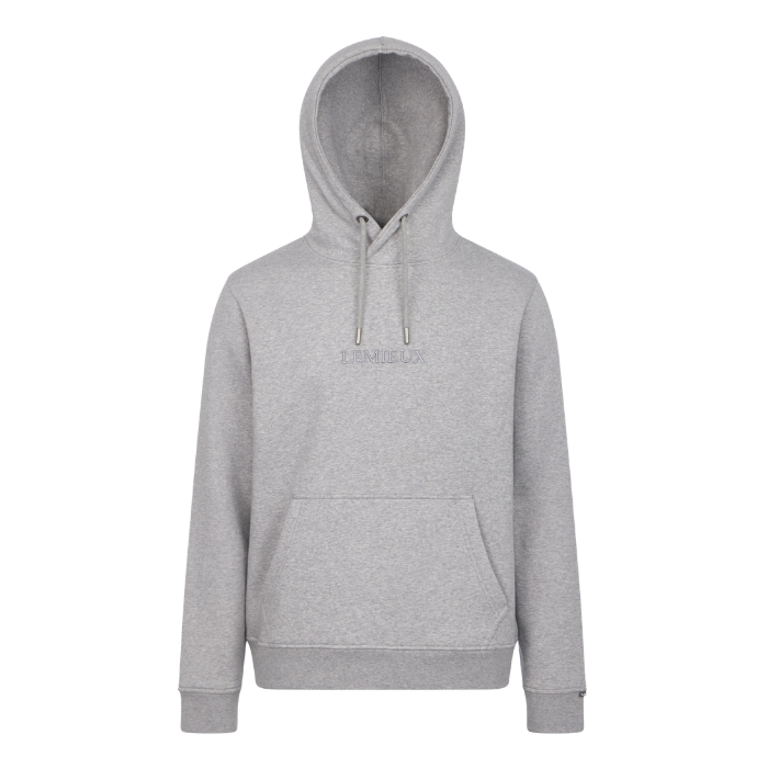 LeMieux AW26 Mens Hoodie Varient Grey. A light gray heather pullover hoodie with a tonal embroidered logo on the chest, displayed on a clean white background.