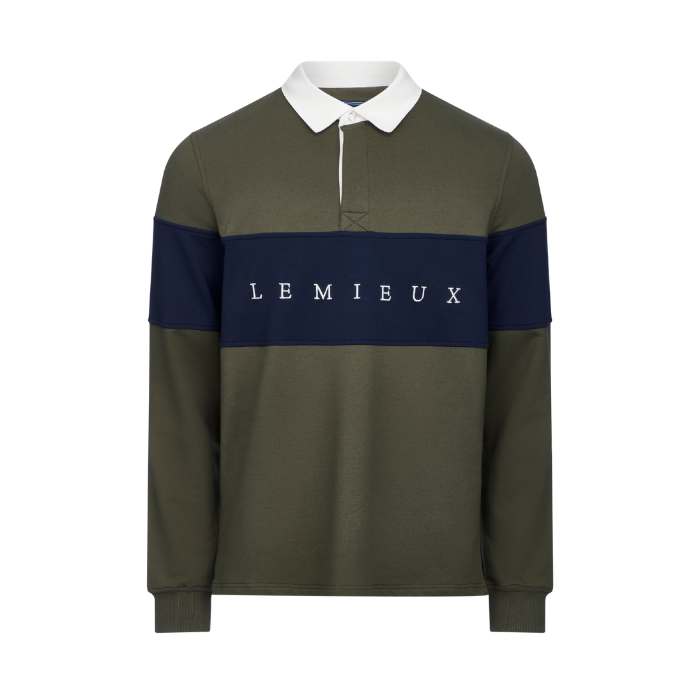 LeMieux AW26 Mens Rugby Shirt Varient Olive. A long-sleeve rugby shirt by Lemieux in olive green, navy blue, and white. The shirt features an olive green body, a navy blue chest stripe with 'LEMIEUX' printed in white, a white collar, and navy blue sleeves.