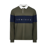 LeMieux AW26 Mens Rugby Shirt Varient Olive. A long-sleeve rugby shirt by Lemieux in olive green, navy blue, and white. The shirt features an olive green body, a navy blue chest stripe with 'LEMIEUX' printed in white, a white collar, and navy blue sleeves.