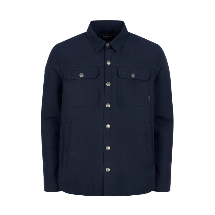 LeMieux AW26 Mens Showerproof Shacket Varient Navy. A dark navy blue button-up shirt jacket with two buttoned chest flap pockets, displayed on a clean white background.