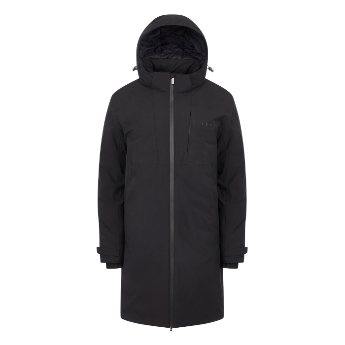 LeMieux AW26 Mens Waterproof Training Coat Varient Black. A black hooded parka jacket with a full front zipper, shown on a plain white background.