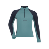 LeMieux AW26 Mini Base Layer Varient Navy/Aloe. A women's long-sleeve quarter-zip athletic top in teal and navy blue, featuring a mock neck and a small 'Le Mieux' logo on the chest, shown against a plain white background.