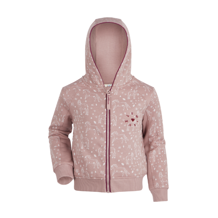 LeMieux AW26 Mini Charlie Hoodie Varient Wild Rose.  A dusty pink zip-up hoodie with a white unicorn print, featuring embroidered red hearts on the left chest, shown against a plain white background.