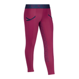 LeMieux AW26 Mini Pull Ons Varient Blackberry. A pair of women's high-performance riding tights in a deep magenta pink, featuring a navy blue waistband with the brand name 'LeMieux' in pink, navy side paneling, and a navy dotted grip pattern on the lower leg.