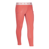 LeMieux AW26 Mini Pull Ons Varient Spiced earth. A pair of coral pink athletic leggings with a white waistband featuring the brand name 'LeMieux' in pink lettering. The leggings have a subtle tonal pattern on the inner thigh and side pockets, shown against a plain white background.