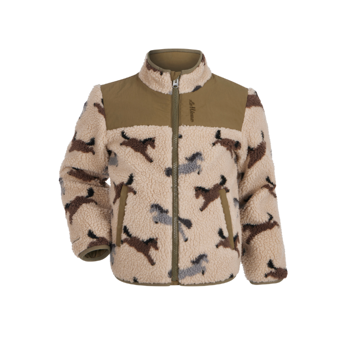 LeMieux AW26 Mini Theo Pony Fleece Varient Willow Green. A children's sherpa fleece jacket featuring a brown and gray horse pattern on a beige background, with solid olive green shoulder panels and a matching collar, shown on a plain white background.