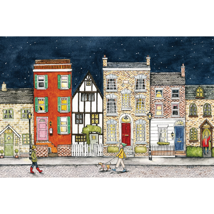 Night time town scene depicted on the front of a cartoon greetings card