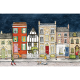 Night time town scene depicted on the front of a cartoon greetings card