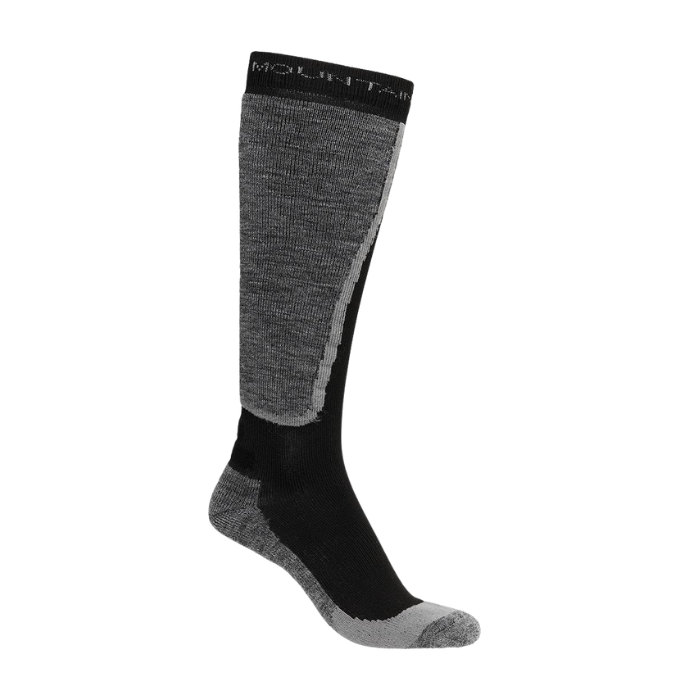 Black and gray knee-high sock with 'Molton Bick' branding on a white background
