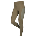 LeMieux AW26 Naomi Pull On Breeches variant colour Willow Green. 
A pair of high-waisted equestrian riding tights in a warm taupe-brown color, featuring a contrasting light gray panel on the outer thigh, shown on a plain white background.