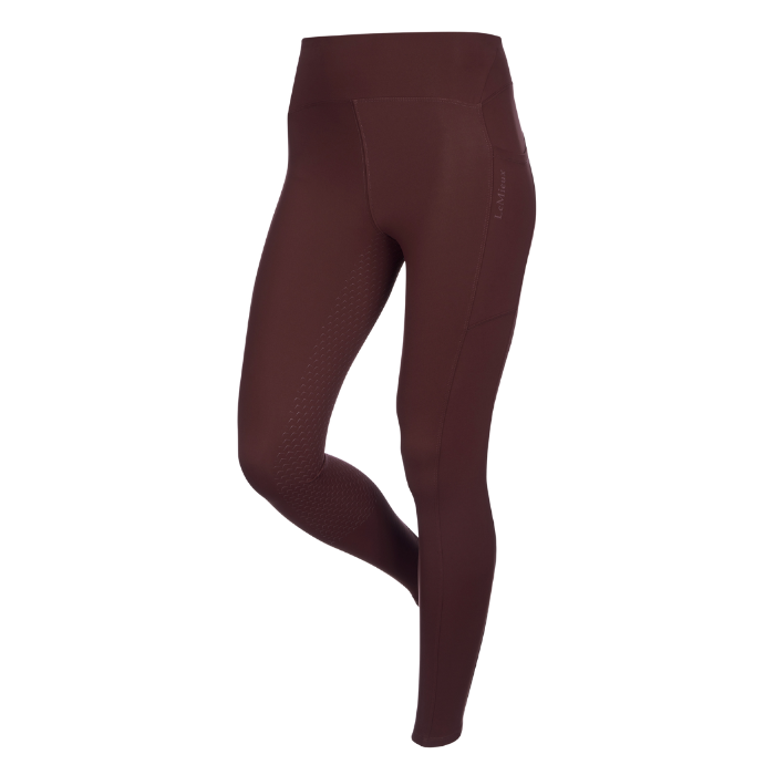 LeMieux AW26 Natalie Brushed Pull On Varient Bramble. A pair of high-waisted, full-length athletic leggings in a deep burgundy brown color, shown on a clean white background.