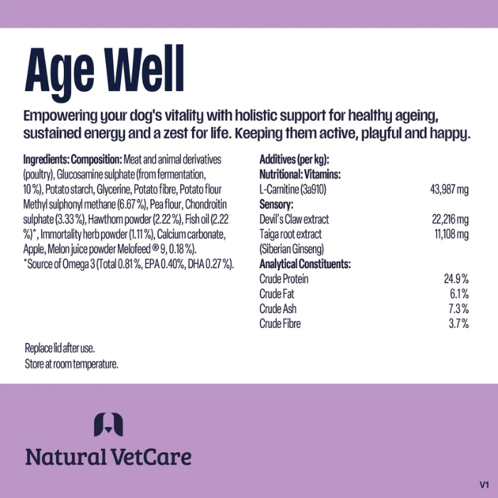 Product label for 'Age Well' by Natural VetCare with ingredient and additive details.