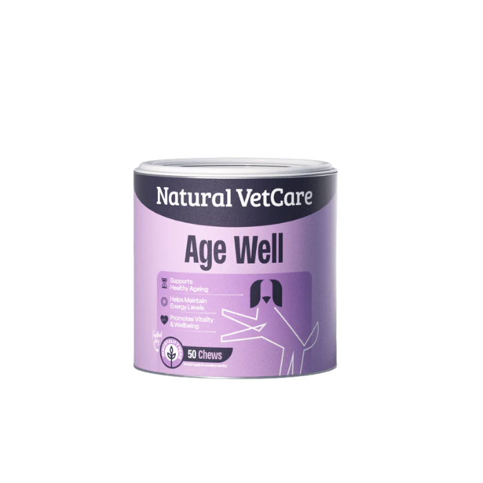 Purple container purple labeled 'Natural VetCare Age Well' on a white background